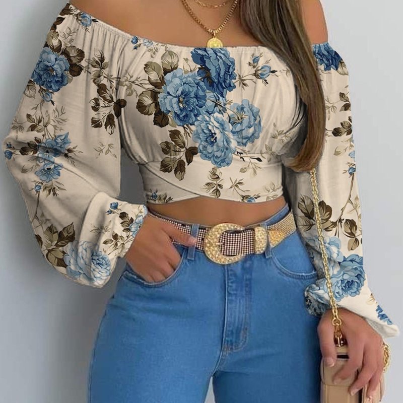 Nian Nian Selection Women'S Fashion Bare-shoulder Top, Trendy Short Lantern Long-sleeved Shirt, Floral Print Pullover