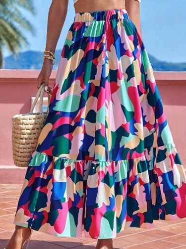 Women Summer Ruffles Flowy Skirt Fashion Print High Waist A-Line Skirt for Beach Vacation Club Streetwear