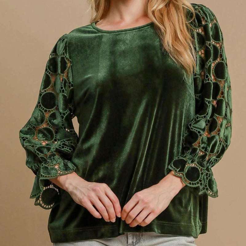 Women's Olive Velvet Blouse with Flounce Sleeves Round Neck Long Sleeve Top