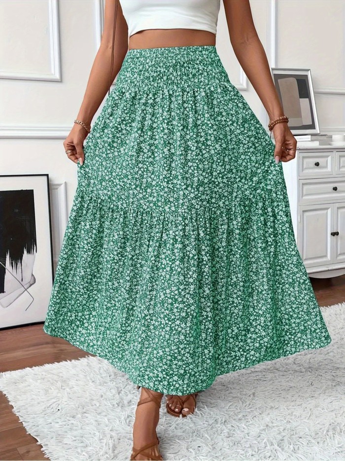 Casual Summer Fake Drawstring Floral Pleated A-Line Bohemian Cute Skirt