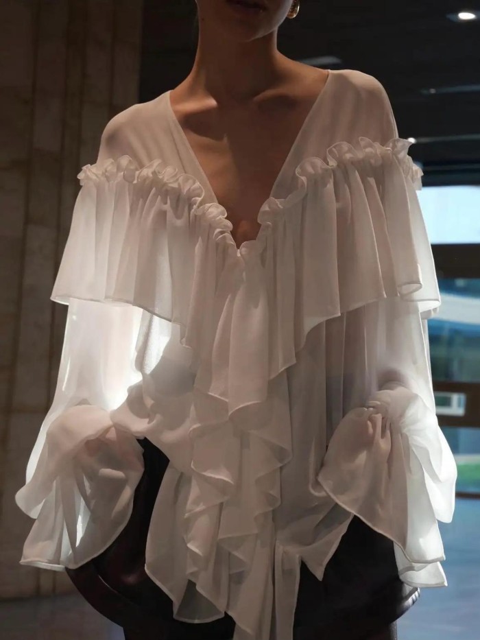 Women'S Elegant Loose Casual Solid Color Ruffle V-Neck Long Sleeve Shirt