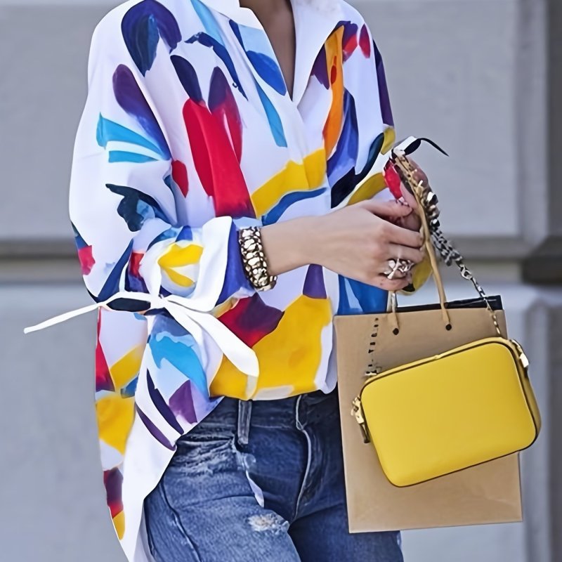 Women's Artistic Abstract Print Summer Blouse - Off-Shoulder Sleeve Casual Chic Top