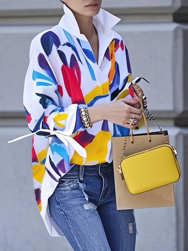 Women's Artistic Abstract Print Summer Blouse - Off-Shoulder Sleeve Casual Chic Top