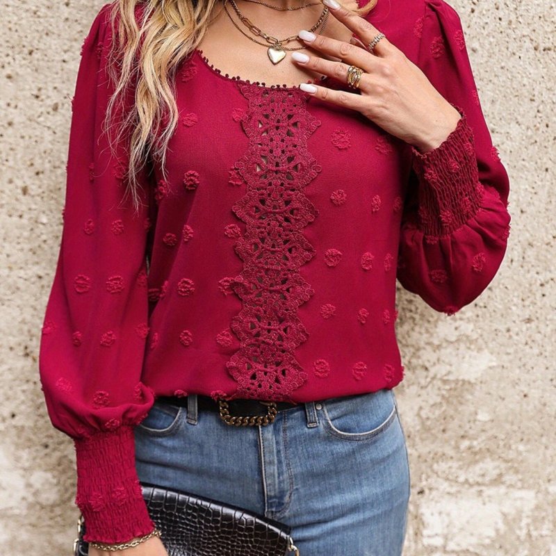 Women's Elegant Round Neck Blouse with Puffed Sleeves & Lace Stitching  Structured Fit Shirt