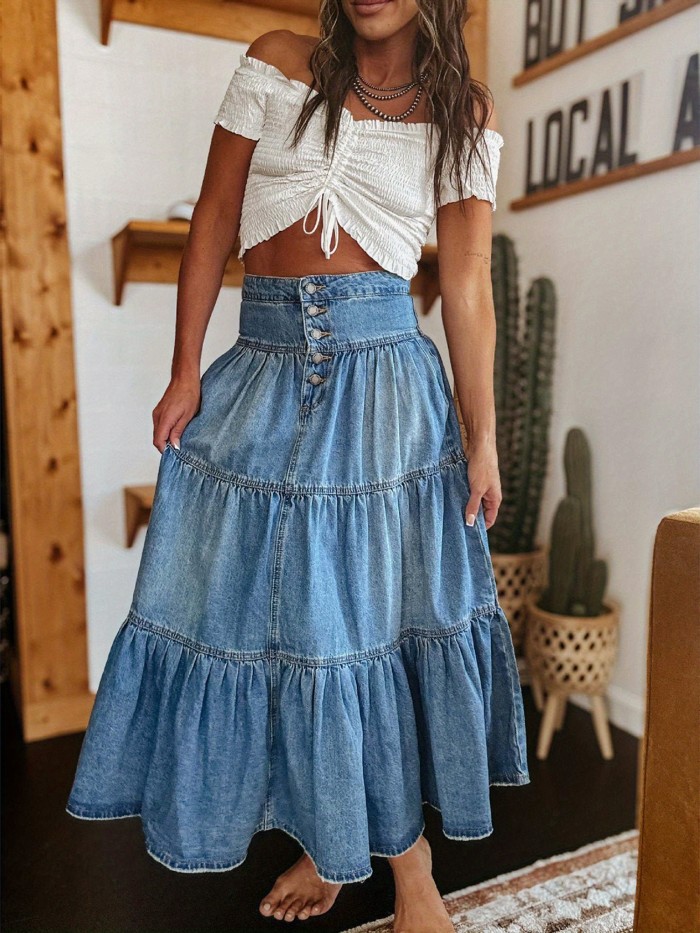 Stylish A-Line Tiered Denim Skirt for Women