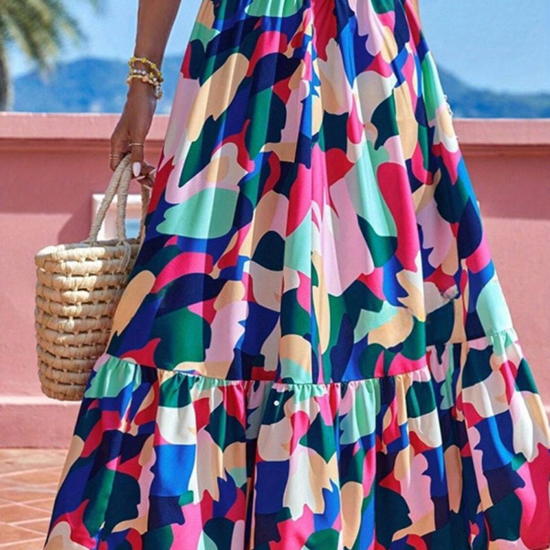 Women Summer Ruffles Flowy Skirt Fashion Print High Waist A-Line Skirt for Beach Vacation Club Streetwear