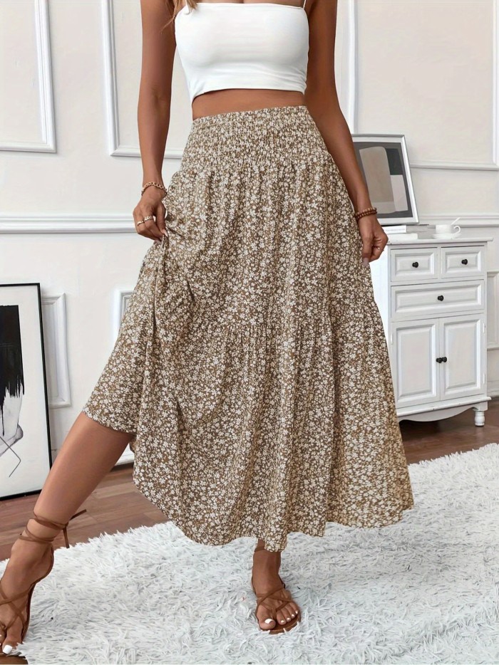 Casual Summer Fake Drawstring Floral Pleated A-Line Bohemian Cute Skirt