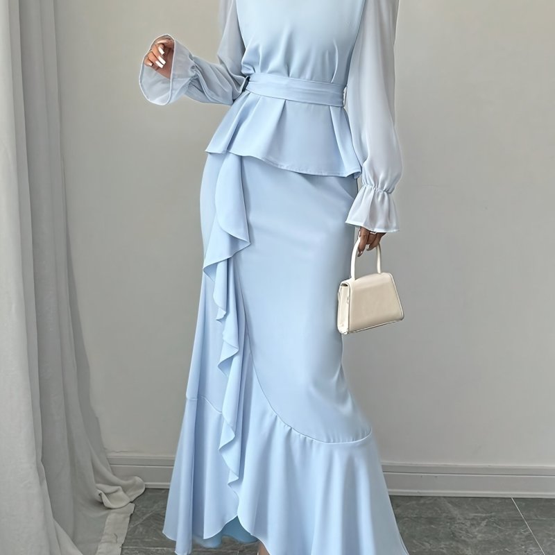 Gentle and elegant ruffle sleeve fishtail skirt step by step for Lotus ladies two-piece set