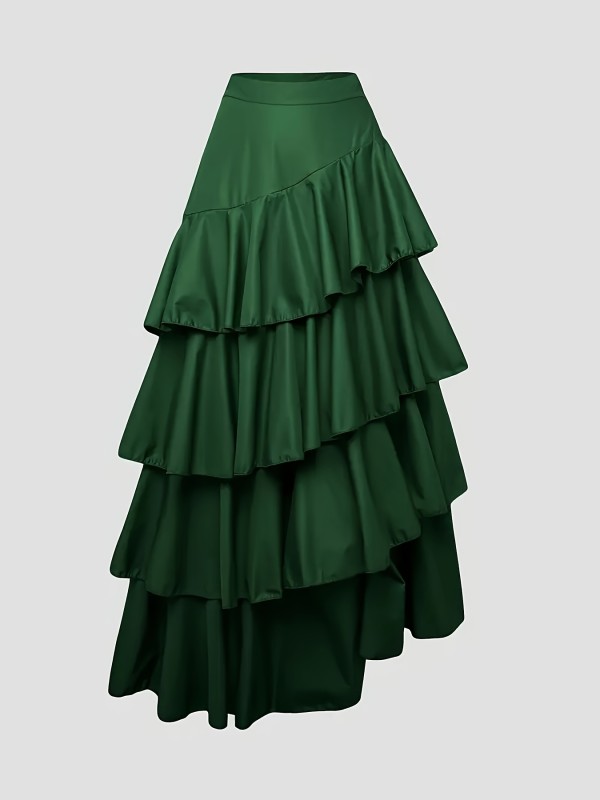 Women's Spring Summer Elegant High Waist Ruffle Long Skirt