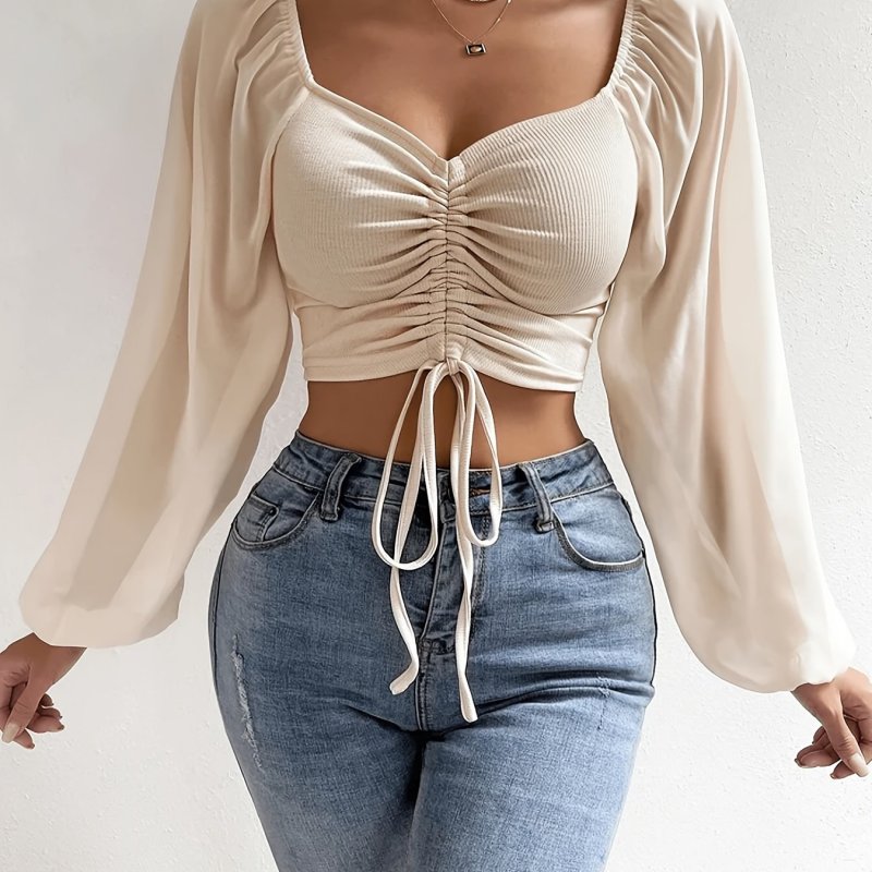 Women's Elegant Solid Color Lantern Sleeve Crop Top