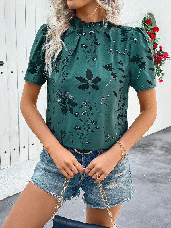 Women's Casual Middle Eastern-Inspired Floral Print Puff Sleeve Blouse