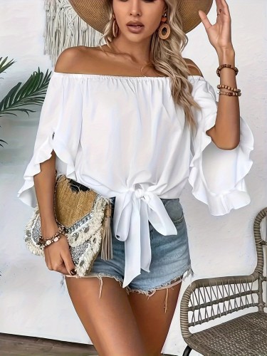 Off Shoulder Ruffle Trimmed Shirt, Casual Knotted Hem Three Quarter Sleeve Top