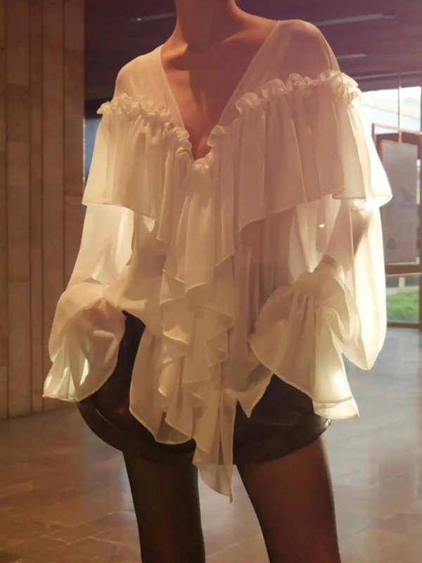Women'S Elegant Loose Casual Solid Color Ruffle V-Neck Long Sleeve Shirt