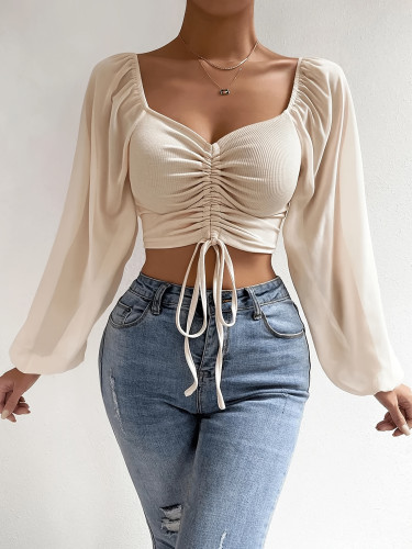 Women's Elegant Solid Color Lantern Sleeve Crop Top