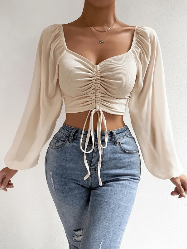 Women's Elegant Solid Color Lantern Sleeve Crop Top