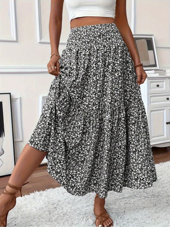 Casual Summer Fake Drawstring Floral Pleated A-Line Bohemian Cute Skirt