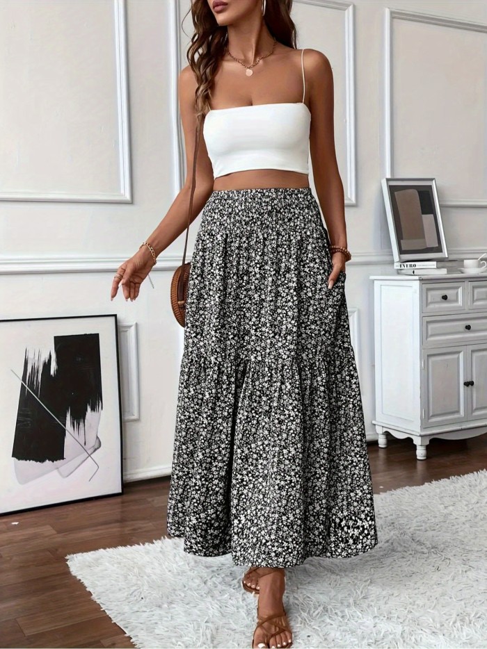 Casual Summer Fake Drawstring Floral Pleated A-Line Bohemian Cute Skirt