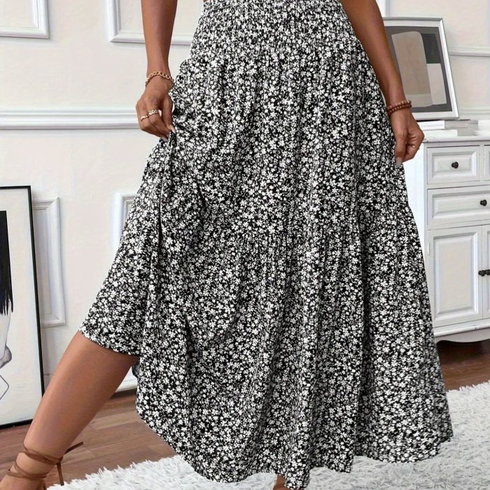 Casual Summer Fake Drawstring Floral Pleated A-Line Bohemian Cute Skirt