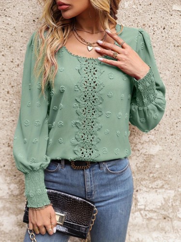Women's Elegant Round Neck Blouse with Puffed Sleeves & Lace Stitching  Structured Fit Shirt