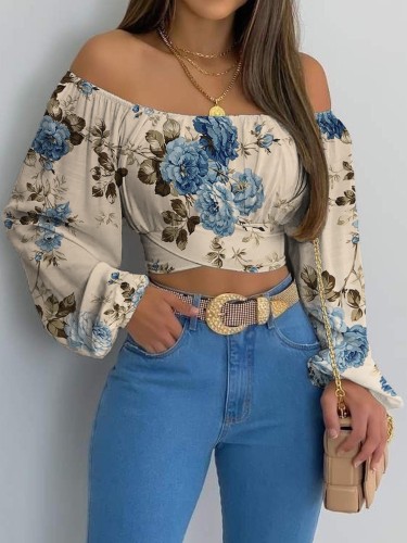 Nian Nian Selection Women'S Fashion Bare-shoulder Top, Trendy Short Lantern Long-sleeved Shirt, Floral Print Pullover