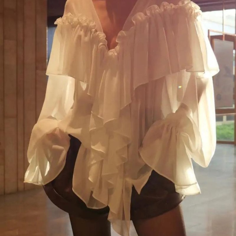 Women'S Elegant Loose Casual Solid Color Ruffle V-Neck Long Sleeve Shirt