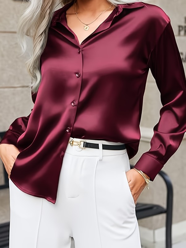 Wine Red Women's Satin Long-Sleeve Button-Up Shirt