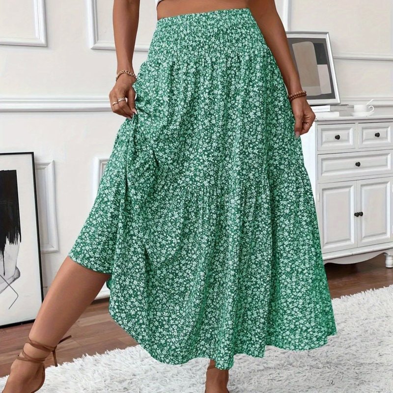 Casual Summer Fake Drawstring Floral Pleated A-Line Bohemian Cute Skirt