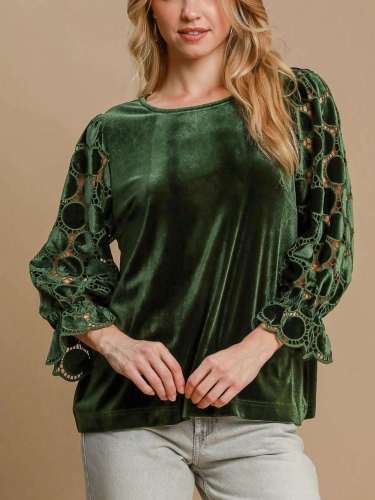 Women's Olive Velvet Blouse with Flounce Sleeves Round Neck Long Sleeve Top