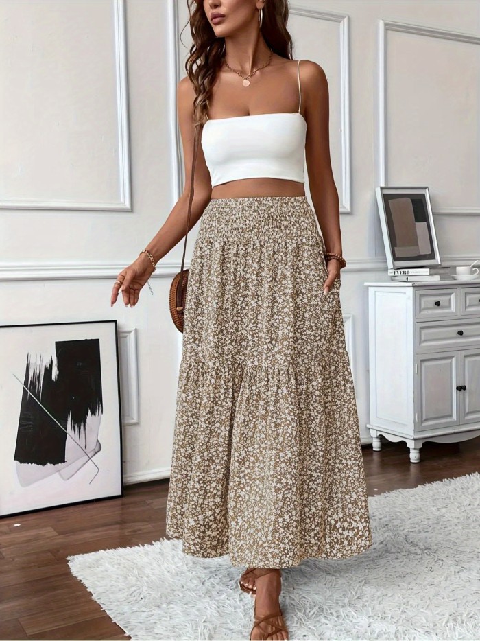 Casual Summer Fake Drawstring Floral Pleated A-Line Bohemian Cute Skirt