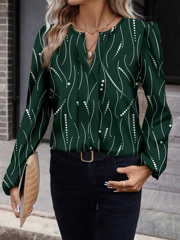 Elegant Women's V-Neck Long Sleeve Blouse - Polka Dot & Stripe Print Polyester Shirt