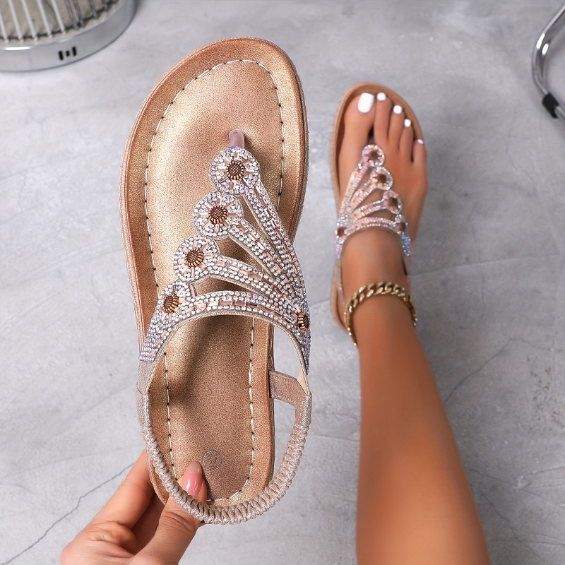 Large Size Fashionable Rhinestone Comfortable Open Toe Sexy Beach Vacation Flat Sandals