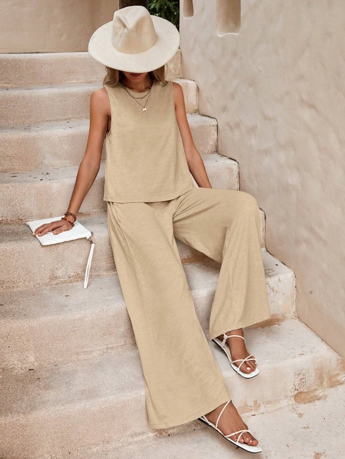 Solid Crewneck Vest & Pants Two-Piece Set