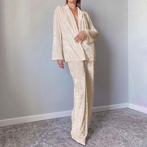 Casual V-Neck Long-Sleeved Shirt & High-Waist Pants Two-Piece Set