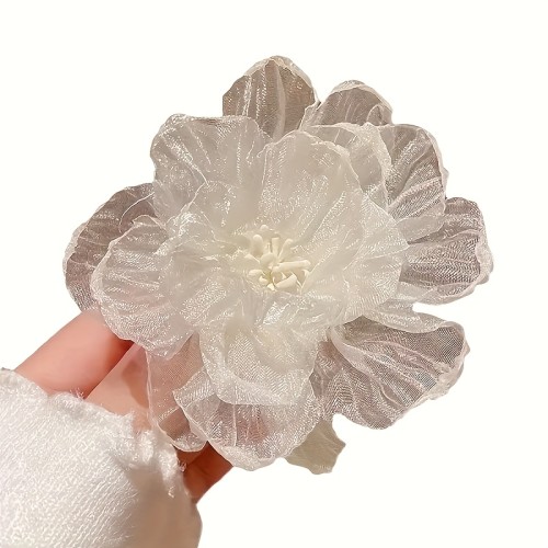 1pc Elegant Bohemian Mesh Hair Flower Clip - Delicate Layered Petals with Secure Duckbill Clip, Pure White Hair Accessories for Weddings, Parties, Casual Attire, Cute Hair Clips