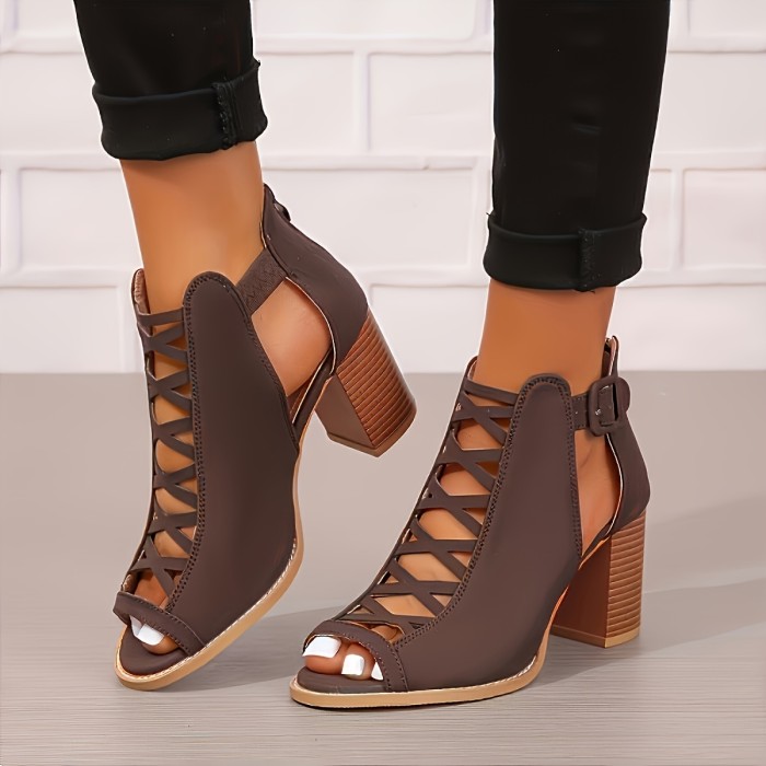 Women's Retro Chunky Heel Sandals - Peep Toe Cut-Out Buckle Strap Stacked Heels