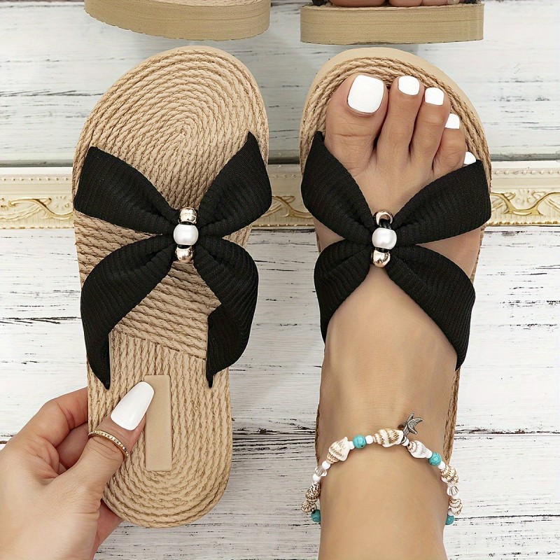 Women'S Beige Jewel Embroidery Flat Sandals