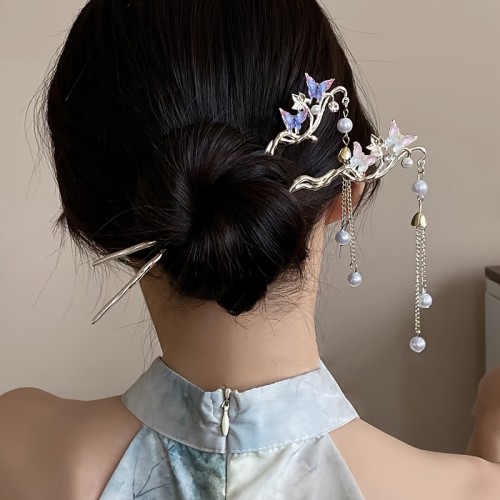 2pcs Vintage Alloy Hairpins with Bowknot, Pearl Tassel, Elegant Updo Hair Accessories for Hanfu, Traditional Chinese Costume, Valentine'S Day Gift for Her