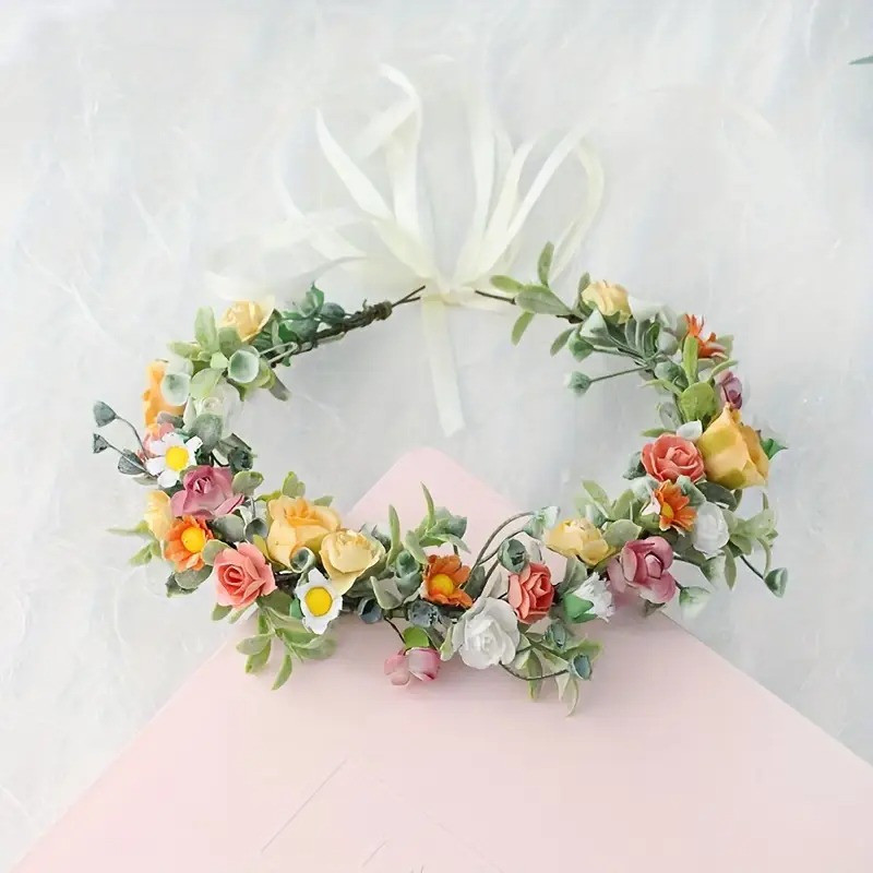 New Spring and Summer Colorful Rose Crown Hair Band Daisy Water Grass Headgear Party Gift Bride Photo Wreath