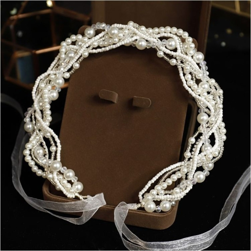 Handmade Forest Style Pearl Headband with Elegant Bow & Delicate Beaded Accents - Bridal Wedding Hair Accessory for Brides, Formal Events, Everyday Elegance