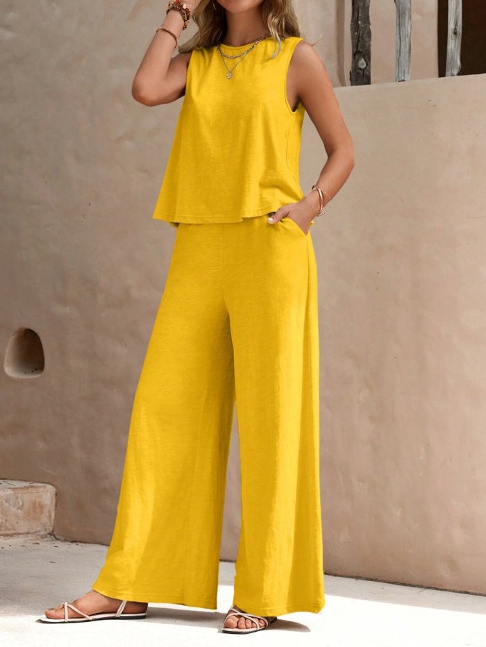 Solid Crewneck Vest & Pants Two-Piece Set