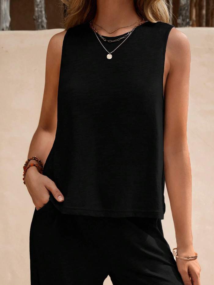 Solid Crewneck Vest & Pants Two-Piece Set