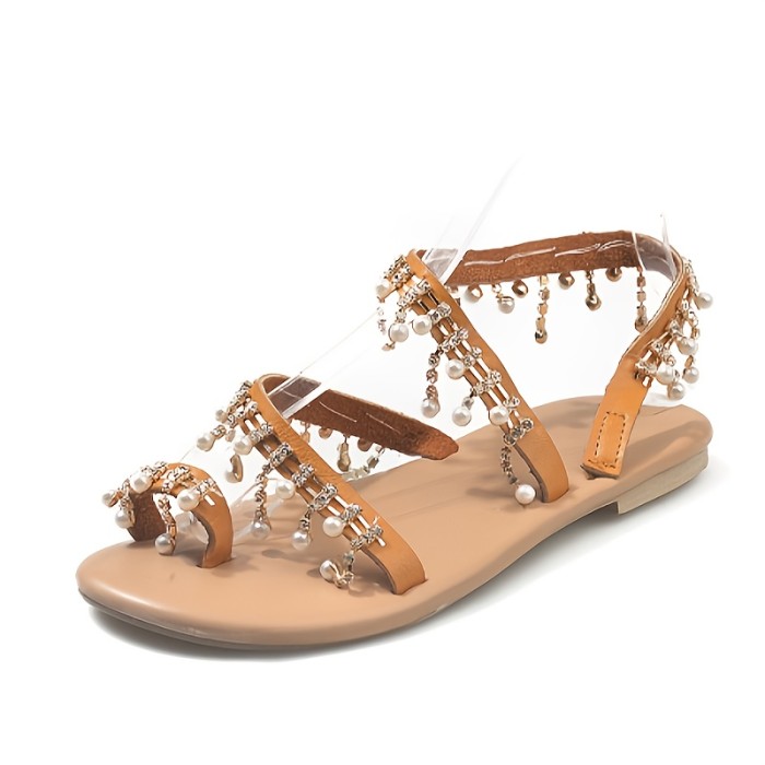 Women's Bohemian Flat Sandals with & Bead Embellishments