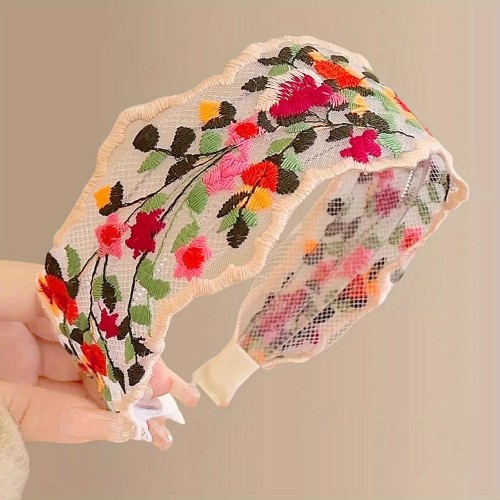 New Rose Embroidered Lace Headband with Advanced Ethnic Style, Fragmented Flowers, Simple Fabric, Wide Edge Headband, Hair Accessories