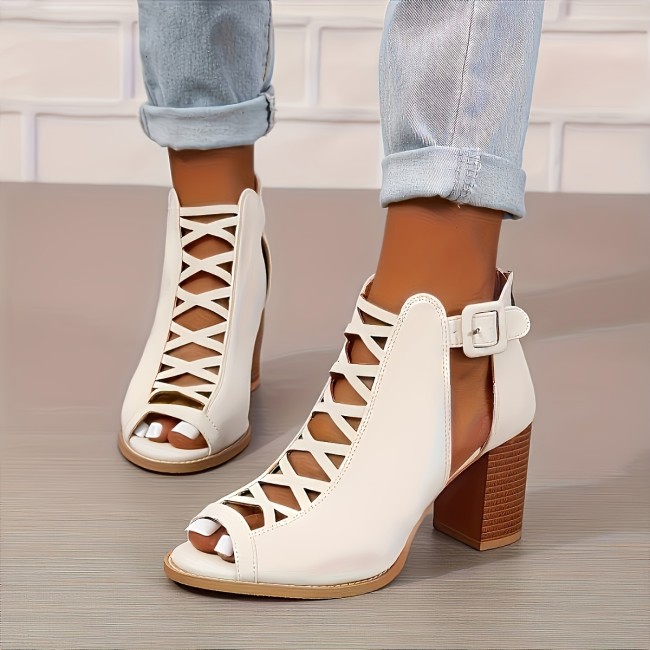 Women's Retro Chunky Heel Sandals - Peep Toe Cut-Out Buckle Strap Stacked Heels