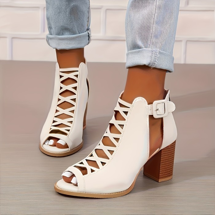 Women's Retro Chunky Heel Sandals - Peep Toe Cut-Out Buckle Strap Stacked Heels