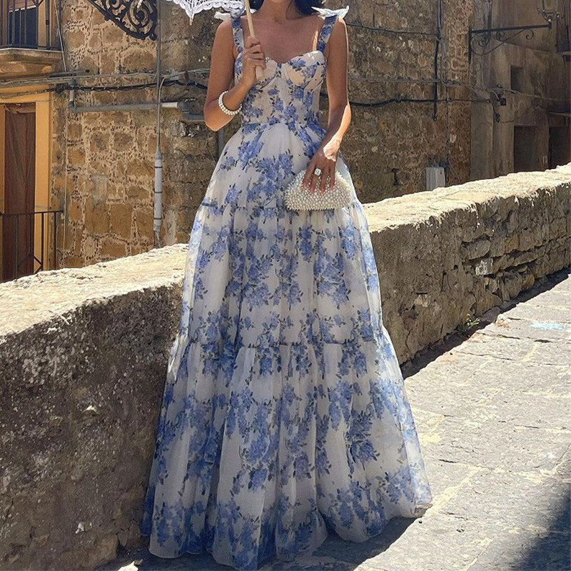 Elegant Floral Strap Princess Dress