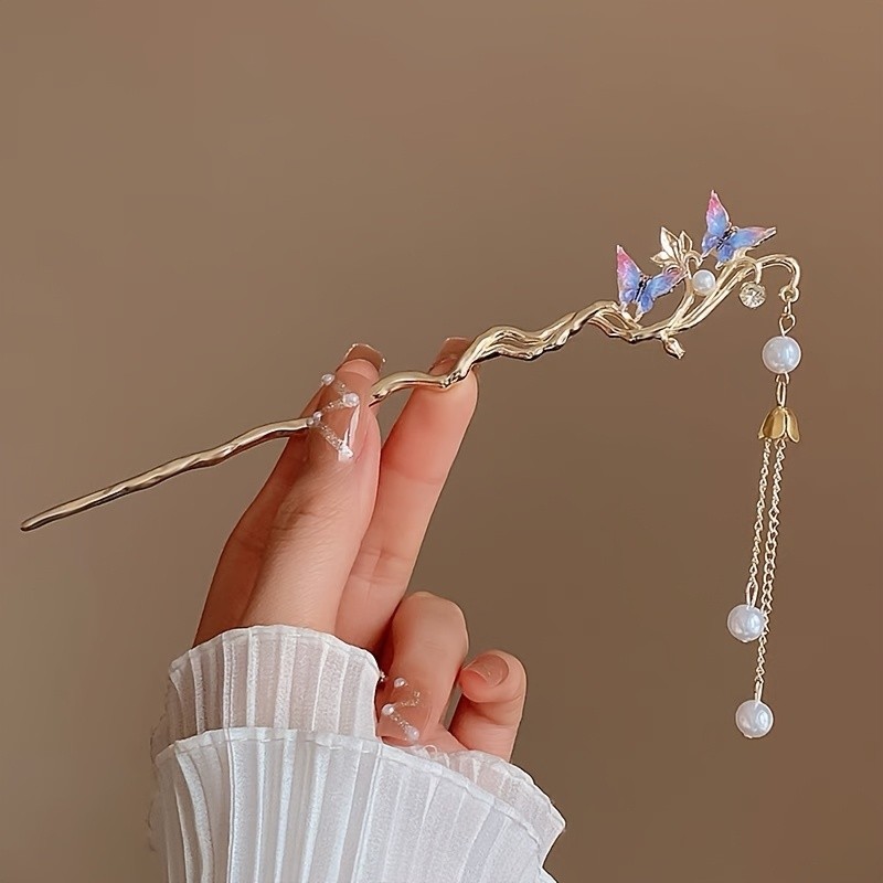 2pcs Vintage Alloy Hairpins with Bowknot, Pearl Tassel, Elegant Updo Hair Accessories for Hanfu, Traditional Chinese Costume, Valentine'S Day Gift for Her
