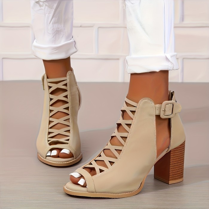 Women's Retro Chunky Heel Sandals - Peep Toe Cut-Out Buckle Strap Stacked Heels