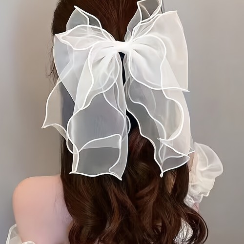 Celestial Touch Elegant White Large Bow Hair Clip - Floral Spring Barrette with Delicate Fabric, Secure Hold for Weddings, Proms, Parties - Women & s Hair Accessories, Wedding Hairpiece, Soft Fabric Design, Sophisticated Craftsmanship