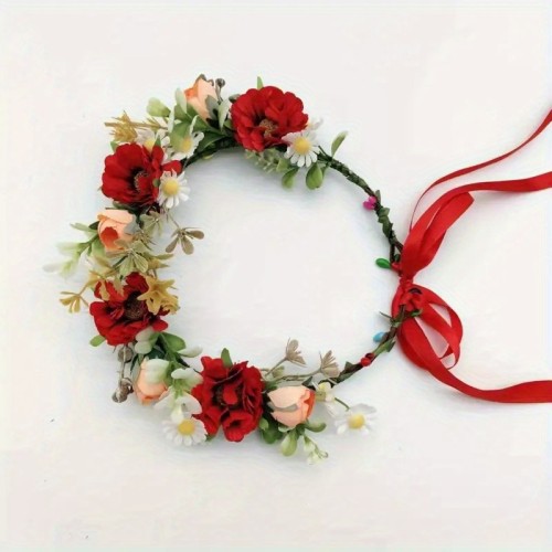 ForestStyle Delicate Floral Crown Headband - Vibrant Red, White, Orange & Yellow Flowers with Green Foliage, Durable Polyester for Weddings, Outdoor Parties, Bridal Accessories